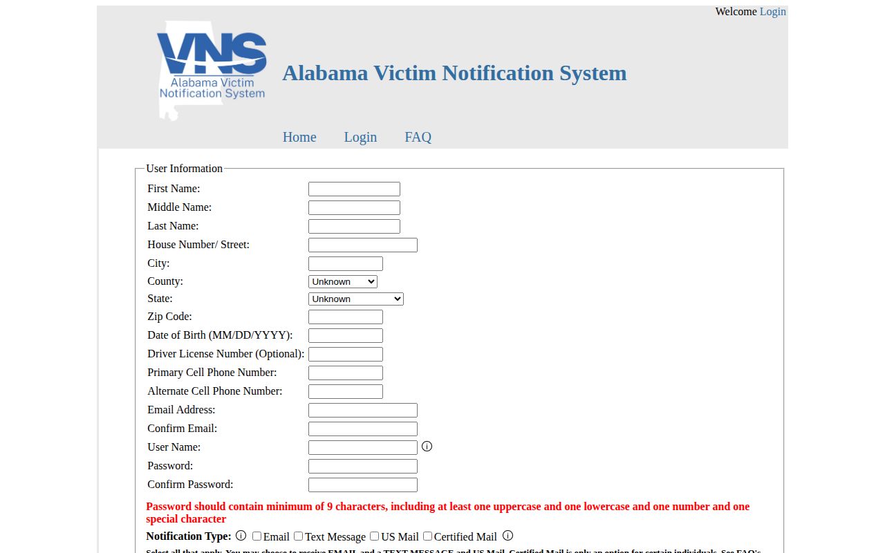 Dale County VINELink release alert Alabama VNS registration screen